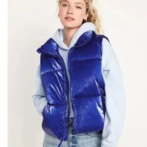 Old Navy Womens Blue Zip Water Resistant Shiny Quilted Puffer Vest Coat Jacket M